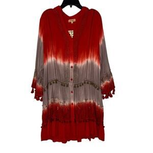 Magic Women's L Tie-Dye Boho Kimono Dress Lace Trim and Pom Pom Accents NEW